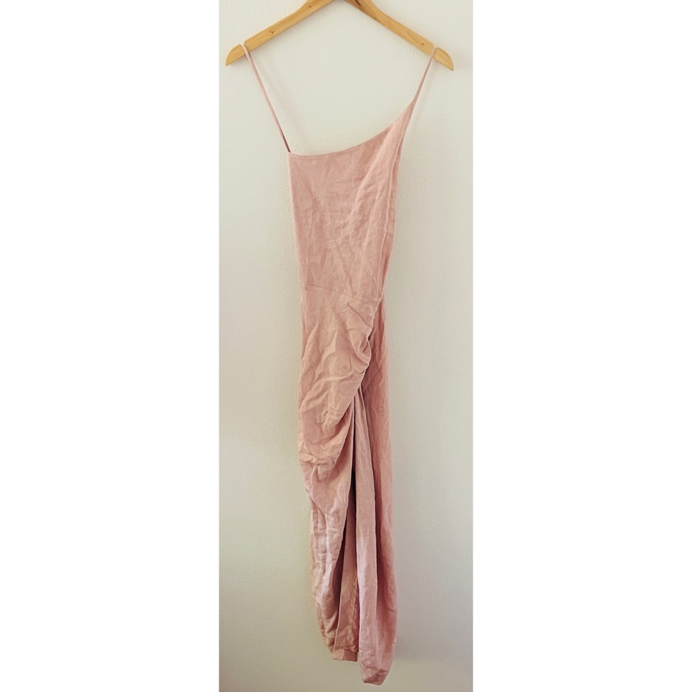 Anthropologie Ruched Asymmetrical Dress Pink Linen Blend - Picture 3 of 9